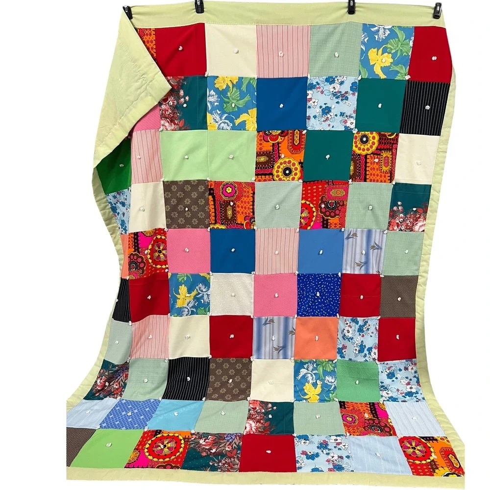 Vintage Twin Patchwork Quilt 84x64 Hand Tied Colorful Cottagecore Bedding